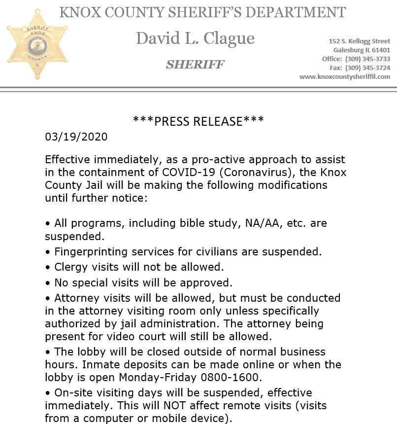 COVID-19 Jail Procedure Update