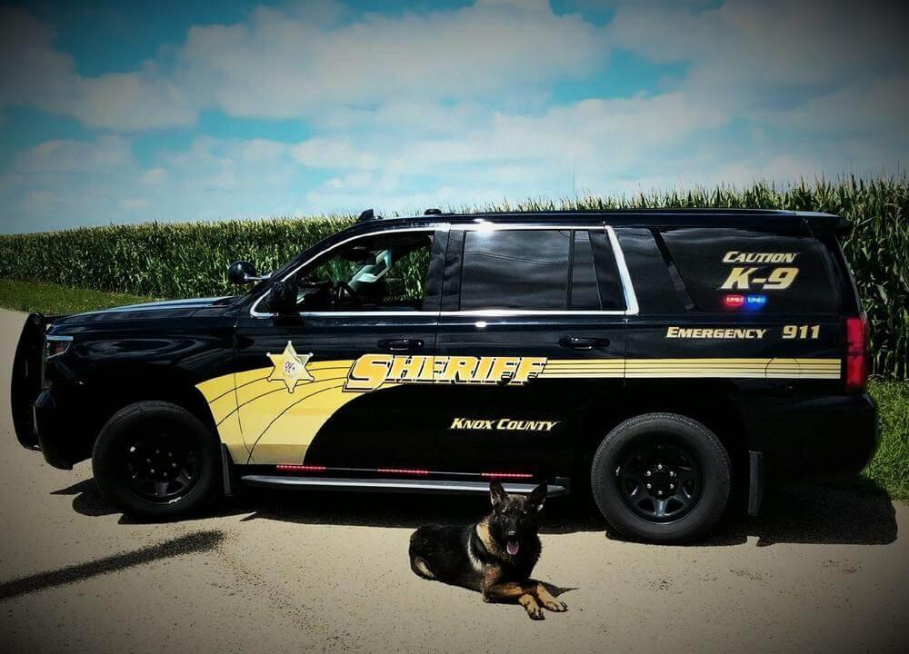 Patrol car with a dog laying beside it