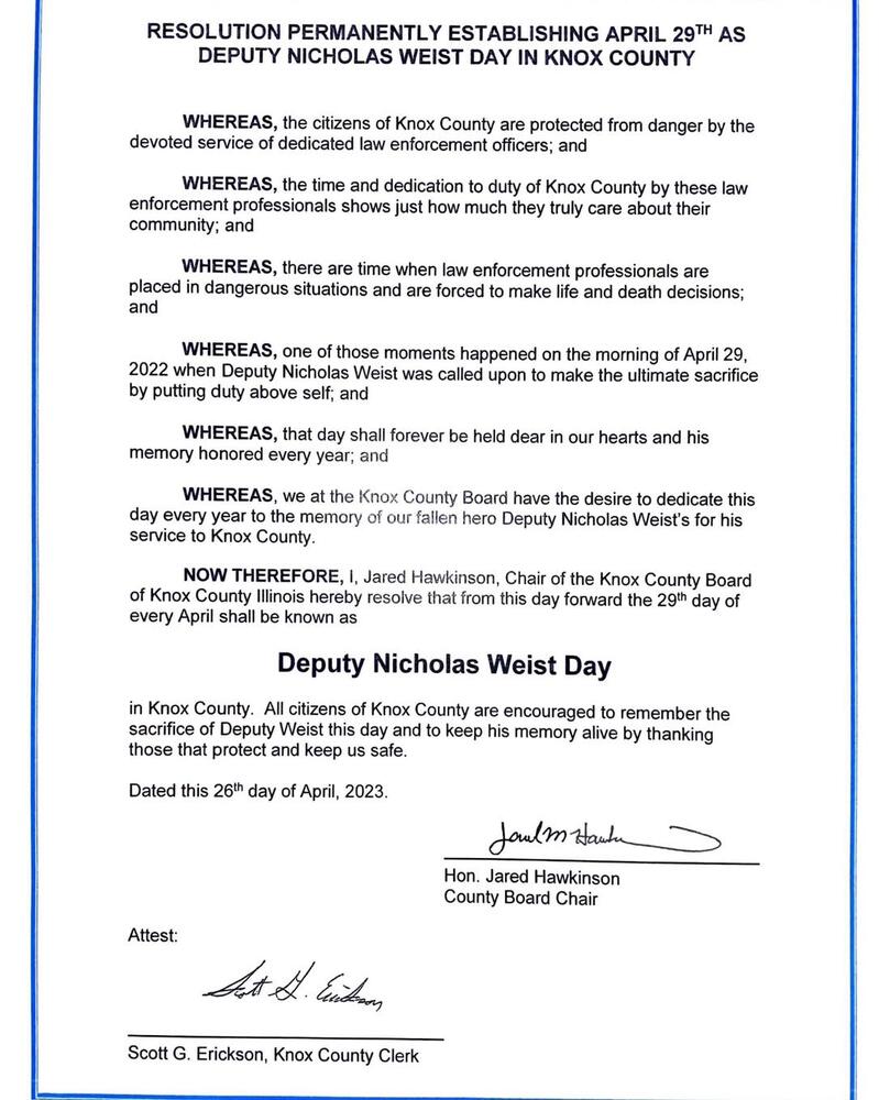 The resolution for Deputy Nicholas Weist Day